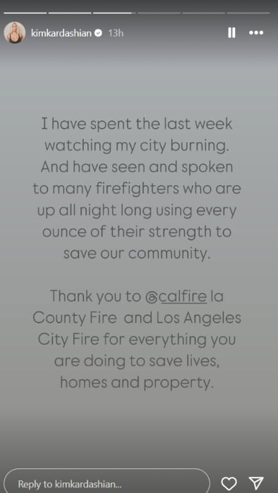 Kim Kardashian speaks out for firefighters amid LA wildfires