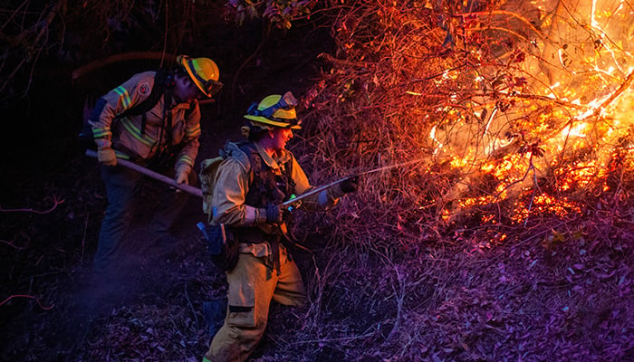 Petugas pemadam kebakaran memadamkan api saat Kebakaran Palisades, salah satu dari beberapa kobaran api serentak yang melanda Los Angeles County, terjadi di Mandeville Canyon, lingkungan Los Angeles, California, AS, 12 Januari 2025. — Reuters