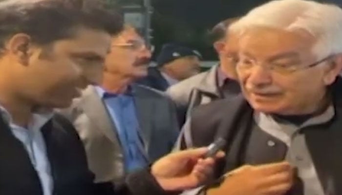 Defence Minister Khawaja Asif is seen talking to Geo News on January 13, 2025. — Screengrab via YouTube/Geo News/