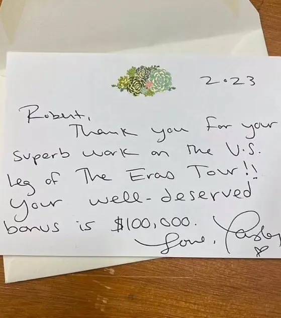 See Taylor Swifts shocking handwritten thank-you note for Eras Tour crew