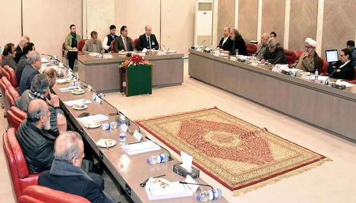 National Assembly Speaker Ayaz Sadiq chairs second meeting between government and PTI negotiation committee meetings in Parliament House, Islamabad on January 2, 2025. — PID