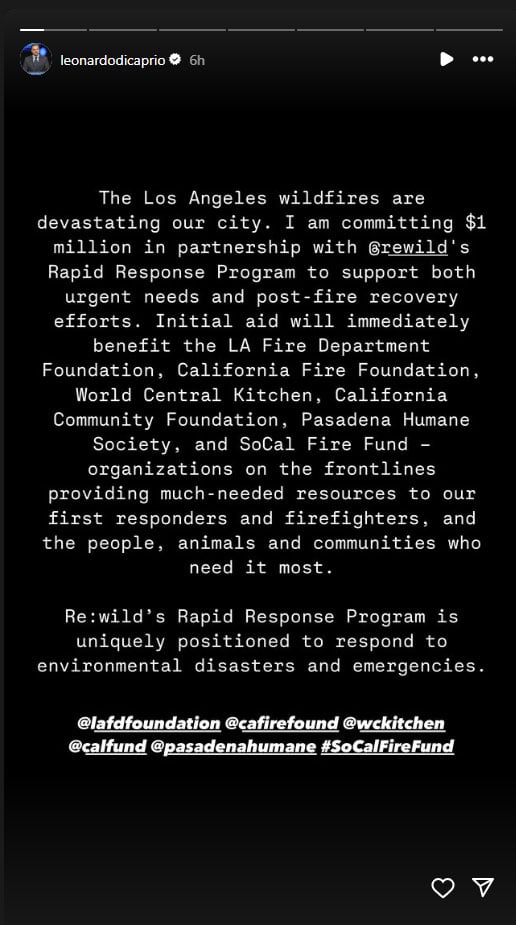 Leonardo DiCaprio reacts to ‘hypocrite’ backlash with LA fires donation