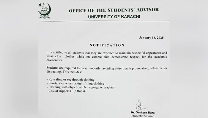 Pemberitahuan yang dikeluarkan oleh Universitas Karachi. — Wartawan