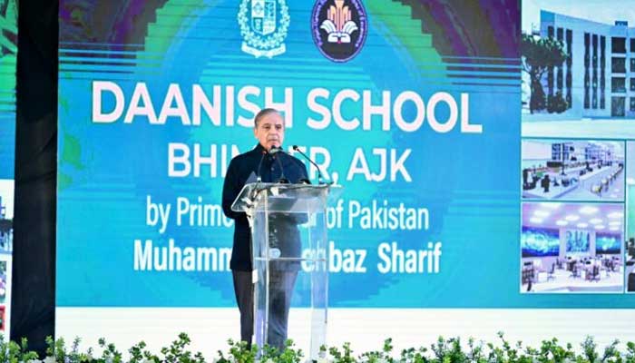 Prime Minister Shehbaz Sharif addresses groundbreaking ceremony of the Azad Jammu and Kashmirs first Daanish School Center in Bhimber on January 22, 2025. — PID