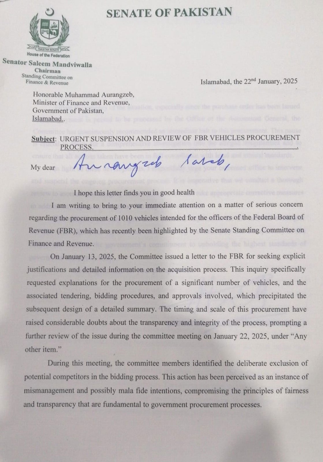 Senator Mandviwallas letter to Finance Minister Muhammad Aurangzeb. — Reporter