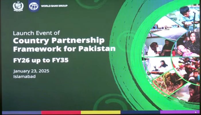 The backdrop at the launch event of the Country Partnership Framework for Pakistan (FY26-FY35), organised by the World Bank Group, held in Islamabad on January 23, 2025. — Screengrab via Geo News