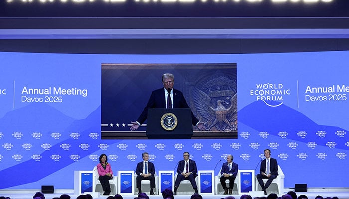 President Donald Trump makes a special address remotely as (left to right) Ana Patricia Botin, chairwoman of the Spanish bank Santander, Brian Moynihan, CEO of Bank of America, Patrick Pouyanne, CEO of TotalEnergies, Stephen Schwarzman, CEO and Co-Founder of Blackstone Group and Borge Brende, President and CEO of World Economic Forum attend the 55th annual World Economic Forum (WEF) meeting in Davos, Switzerland, January 23, 2025. — Reuters