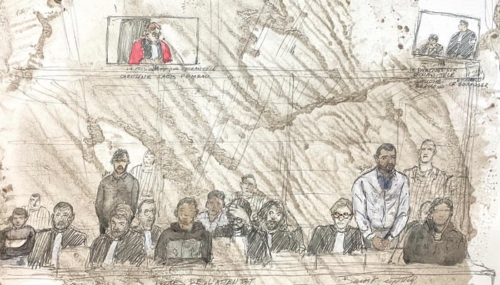 This court sketch made on January 6, 2025, shows defendant Zaheer Mahmood (2nd right) who attacked two people with a cleaver in September 2020, outside the former offices of Charlie Hebdo, during his trial at the juvenile assize court in Paris.—AFP