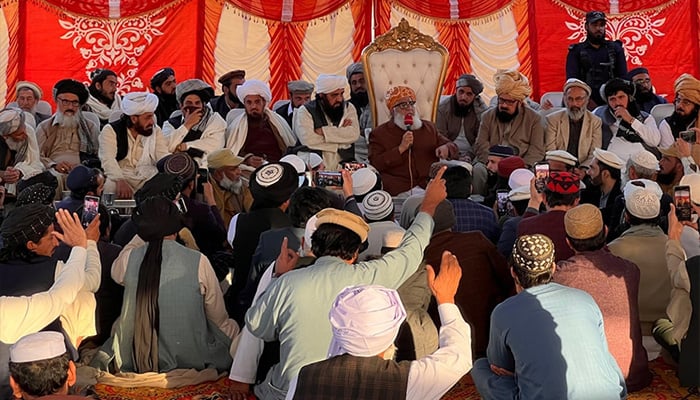 JUI-F Chief Maulana Fazlur Rehman addressing participants of a jirga in Dera Ismail Khan, Khyber Pakhtunkhwa, on January 25, 2025. — Facebook/@juipakofficial