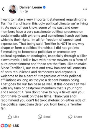 Damien Leone releases statement saying Terrifier is NOT a political franchise