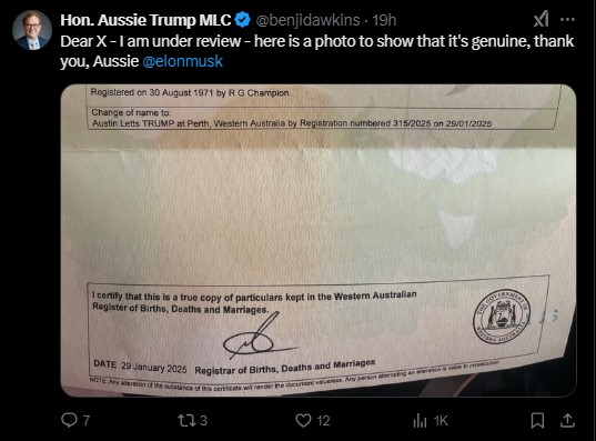 Australian lawmaker renames himself Aussie Trump