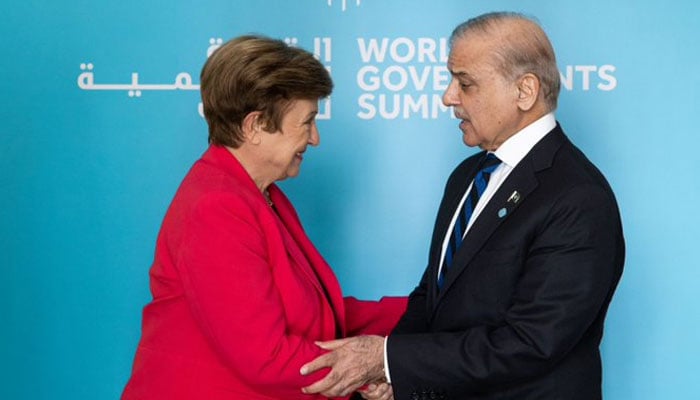 PM Shehbaz Sharif shakes hands with IMF Managing Director Kristalina Georgieva on the sidelines of the WGS 2025 Summit in Dubai in this image released on February 12, 2025. — X@CMShehbaz