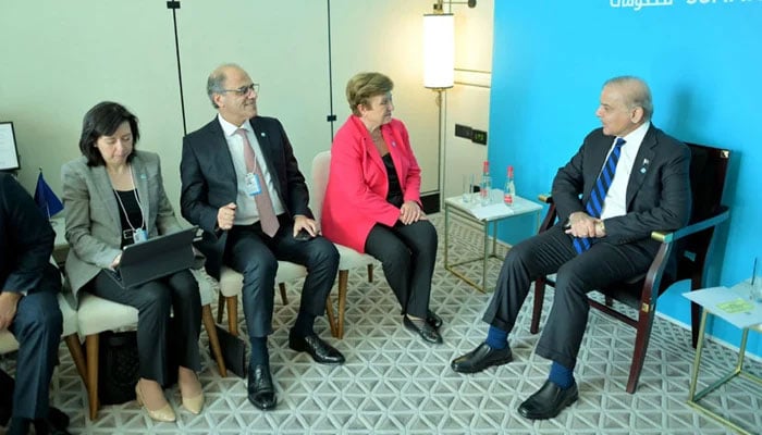 Prime Minister Shehbaz Sharif (right) speaks to IMF Managing Director Kristalina Georgieva (left) during a meeting in Dubai, UAE, on February 11, 2025. — Radio Pakistan