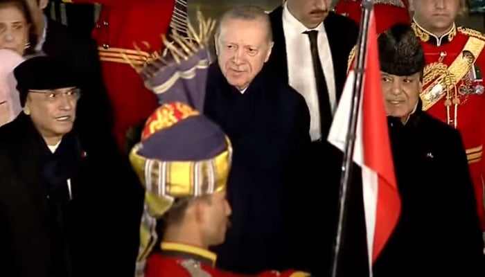 President Asif Ali Zardari and Prime Minister Shehbaz Sharif receive Turkish President Recep Tayyip Erdogan at the Islamabad airport on February 13, 2025. — YouTube/Geo News/Screengrab