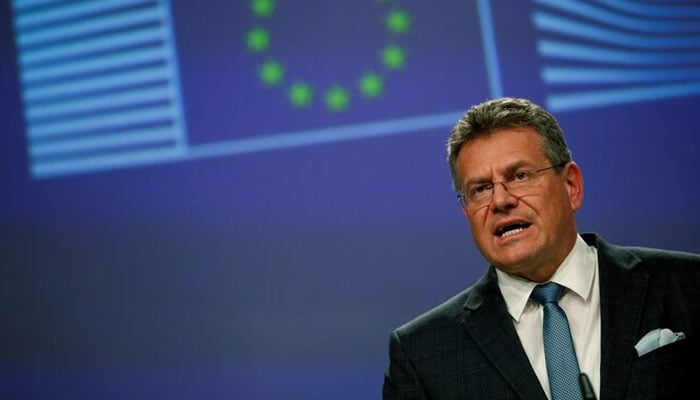 European Commission Vice-President for Interinstitutional Relations Maros Sefcovic speaks during a news conference after a meeting with British Foreign Secretary Liz Truss, in Brussels, Belgium February 21, 2022. — Reuters