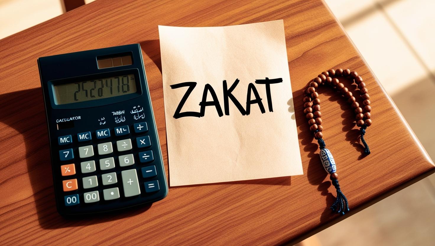 A representational image shows a calculator placed beside a white paper with Zakat written on it, alongside a rosary. — Canva