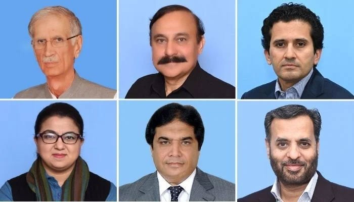 Clockwise from top) Pervez Khattak, Tariq Fazal Chaudhry, Ali Pervaiz Malik, Shaza Fatima Khawaja, Hanif Abbasi, Mustafa Kamal. — National Assembly website/File